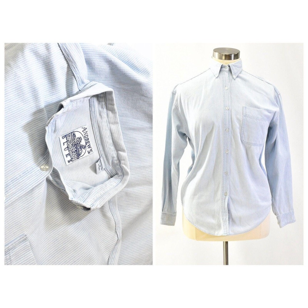90s Vintage Blouse Top  Womens M Andrews Blues White & Blue Rail Road Stripes